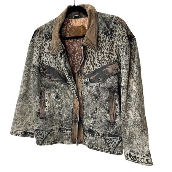 Winlit Vintage Tan Black Suede & Denim Acid Wash Animal Print Biker Jacket S - Picture 4 of 16